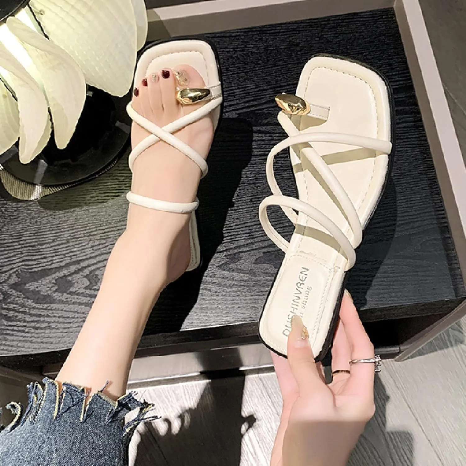 Women's Leather Strappy Metal Button Toe Ring Slides Sandals Dressy Square Open Toe Summer Low Block Heel Slippers for Party Beach Walking Slip on Slippers