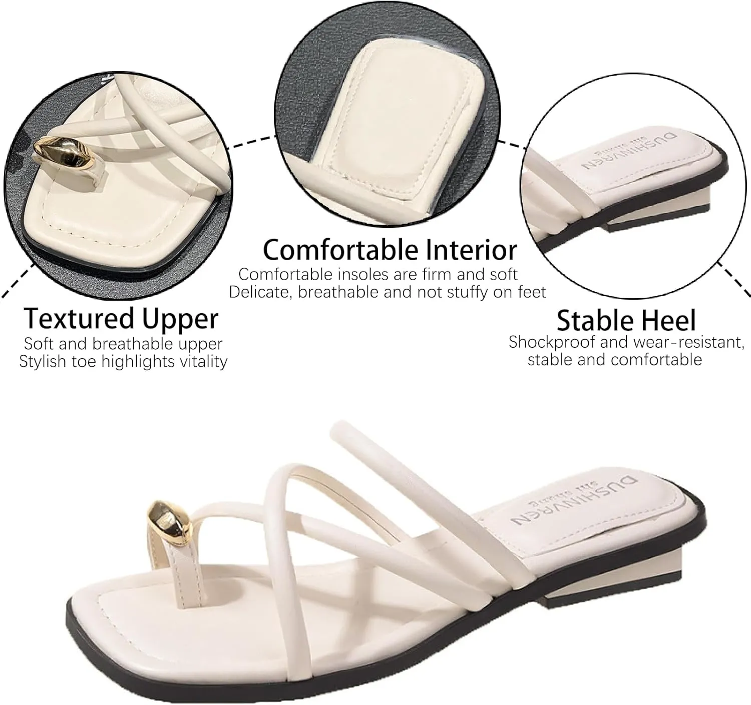 Women's Leather Strappy Metal Button Toe Ring Slides Sandals Dressy Square Open Toe Summer Low Block Heel Slippers for Party Beach Walking Slip on Slippers