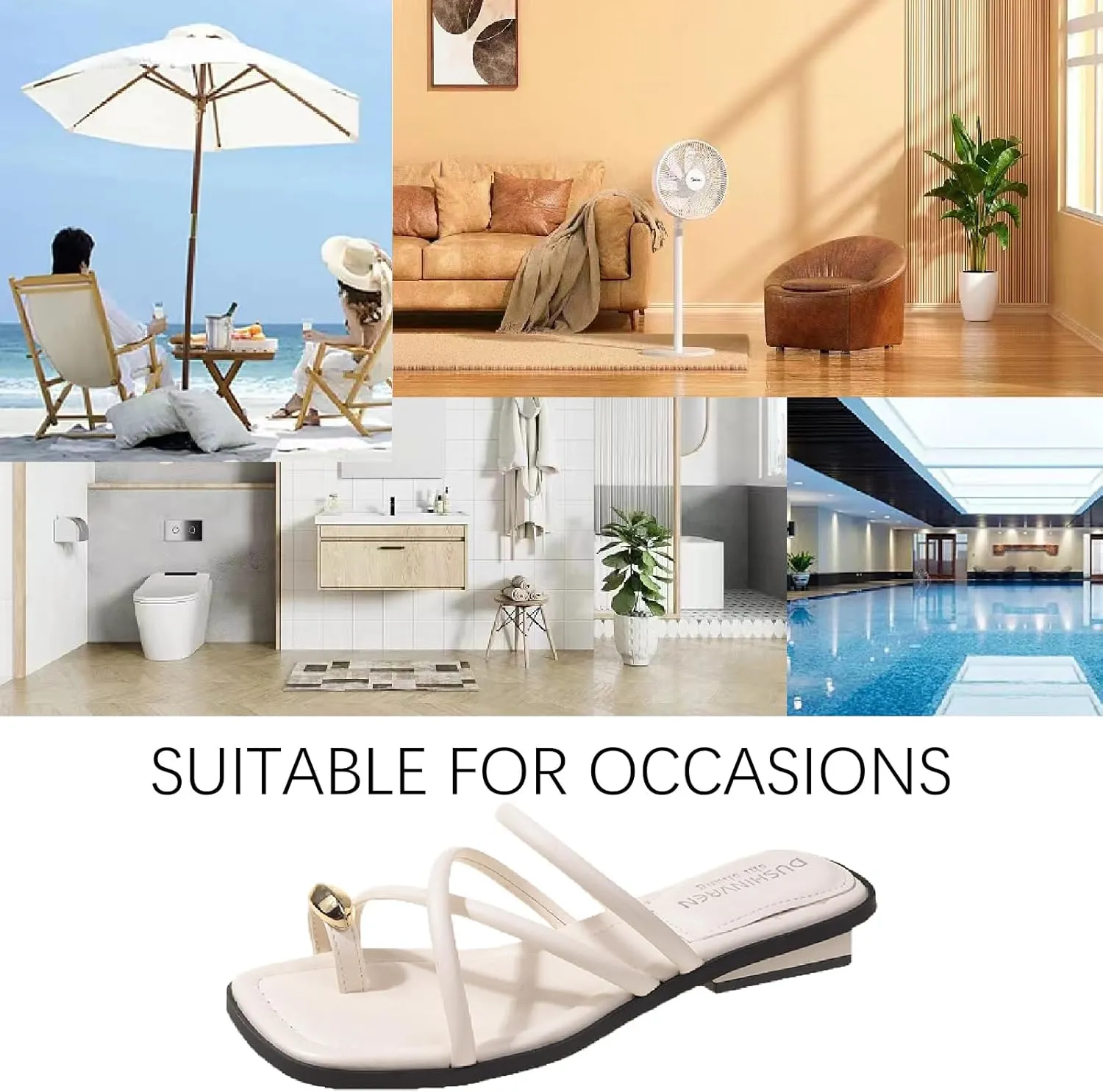 Women's Leather Strappy Metal Button Toe Ring Slides Sandals Dressy Square Open Toe Summer Low Block Heel Slippers for Party Beach Walking Slip on Slippers