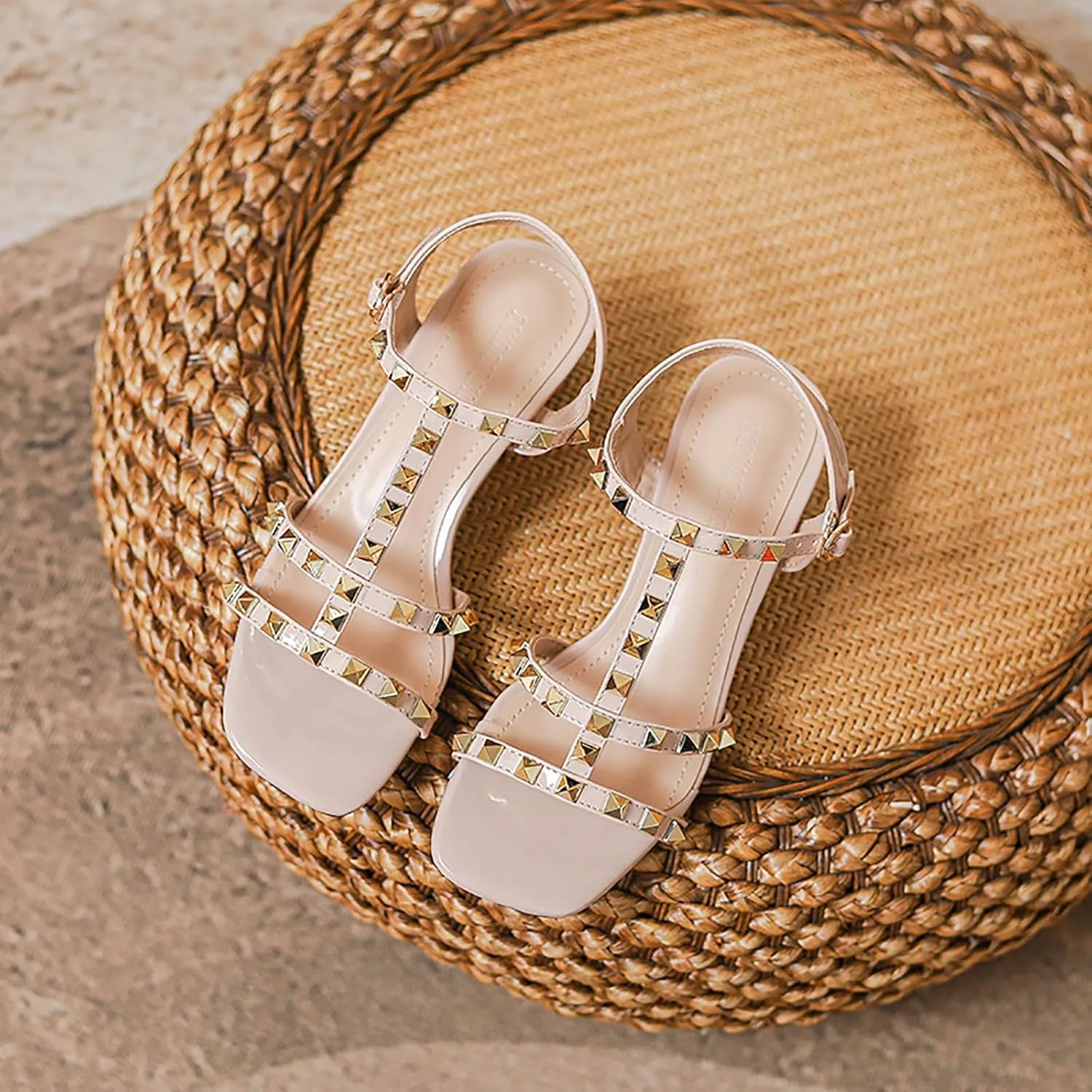 Women's Leather Studded Slingback Chunky Heel Sandals Pumps with Adjustable Ankle Buckle Fashion Breathable T-Strap Open Square Toe Mid Heels Sandals Prom Party Wedding Dress Shoes