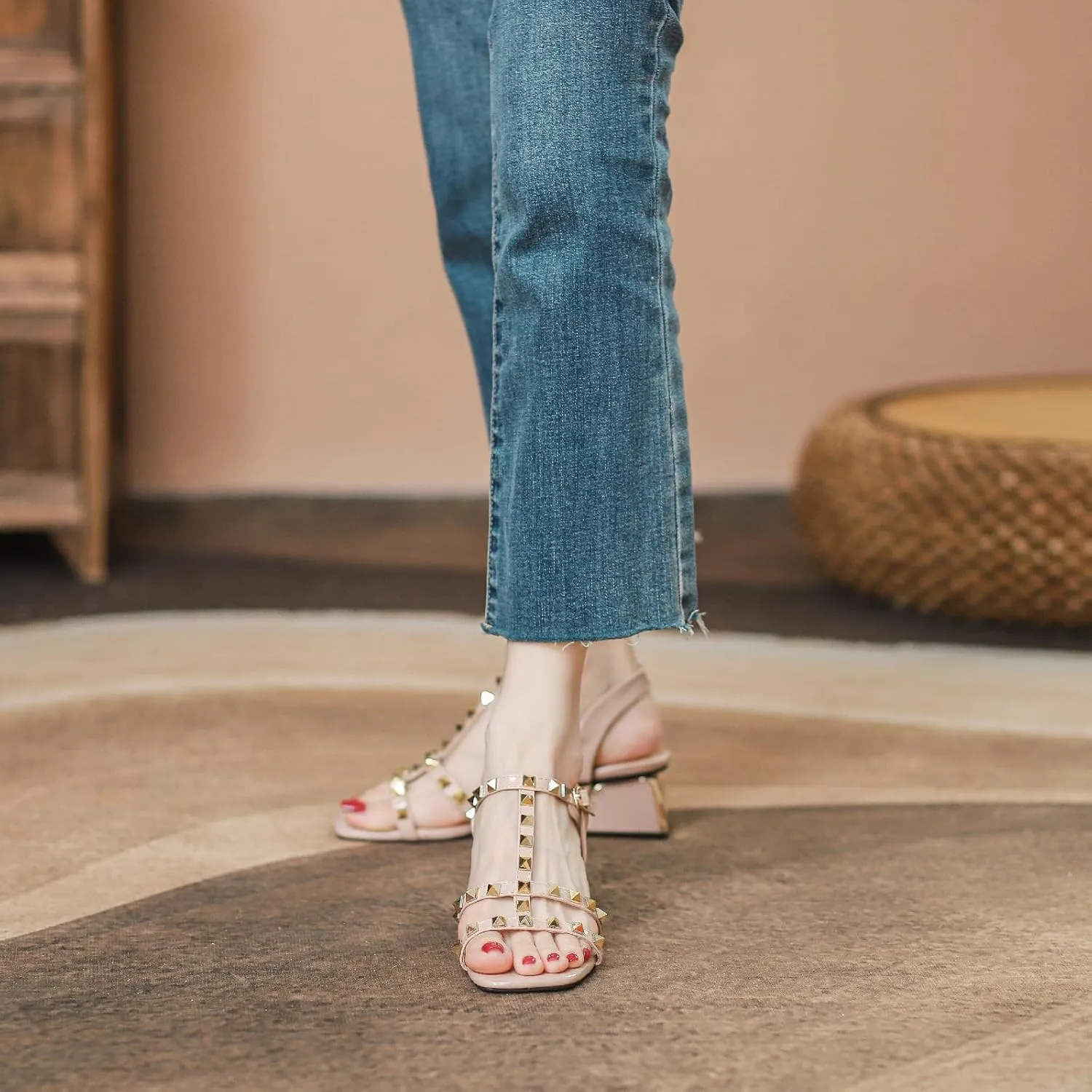 Women's Leather Studded Slingback Chunky Heel Sandals Pumps with Adjustable Ankle Buckle Fashion Breathable T-Strap Open Square Toe Mid Heels Sandals Prom Party Wedding Dress Shoes