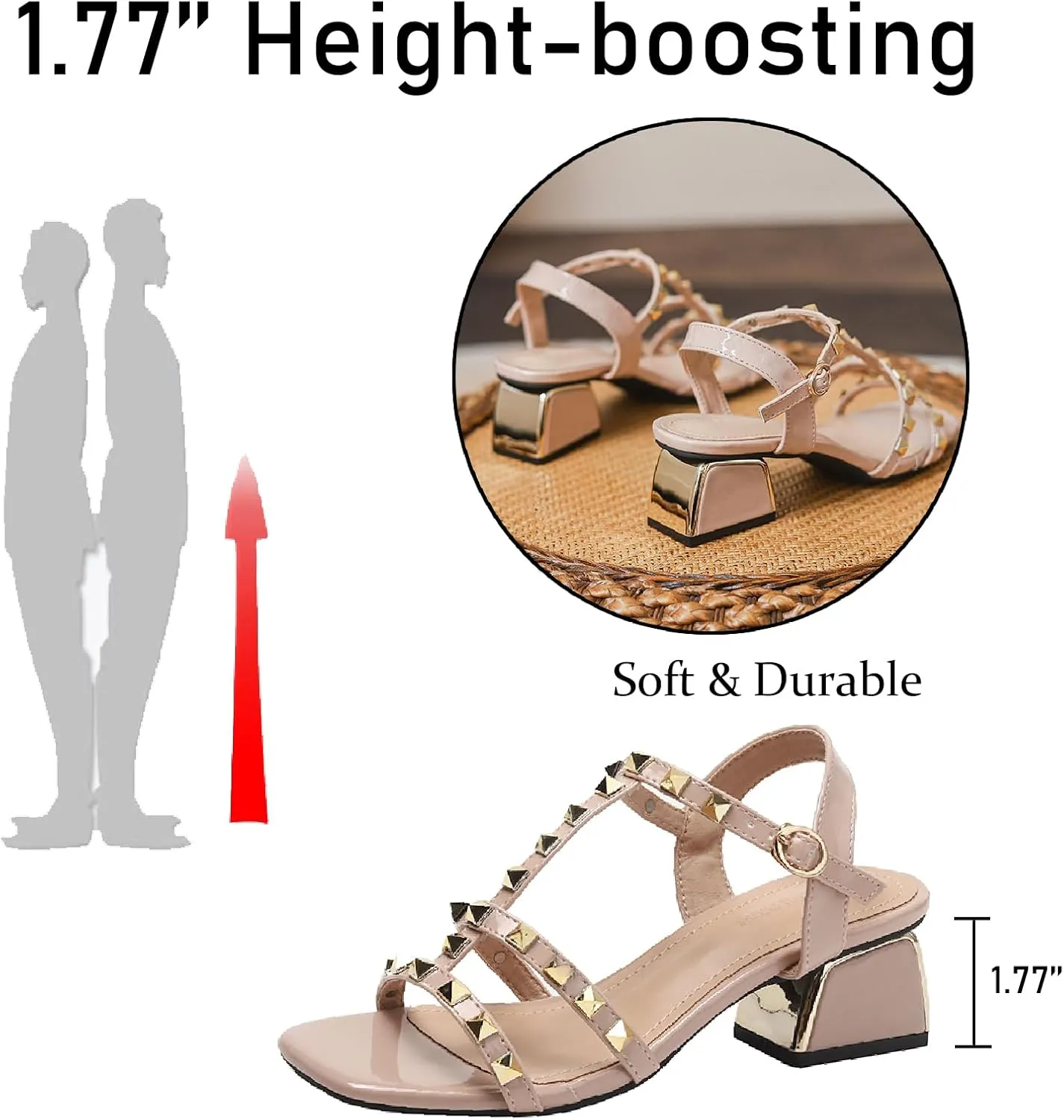 Women's Leather Studded Slingback Chunky Heel Sandals Pumps with Adjustable Ankle Buckle Fashion Breathable T-Strap Open Square Toe Mid Heels Sandals Prom Party Wedding Dress Shoes