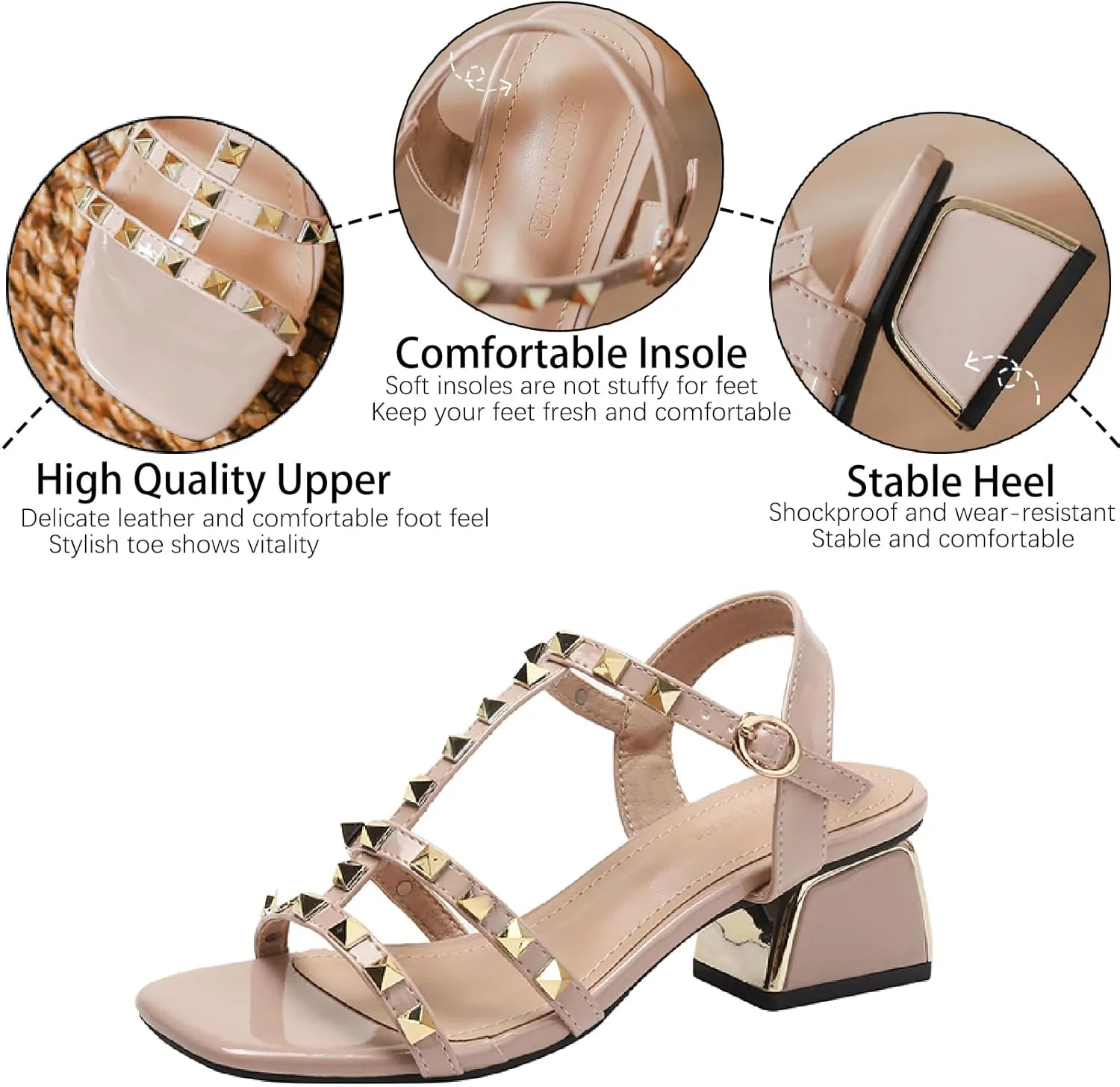 Women's Leather Studded Slingback Chunky Heel Sandals Pumps with Adjustable Ankle Buckle Fashion Breathable T-Strap Open Square Toe Mid Heels Sandals Prom Party Wedding Dress Shoes