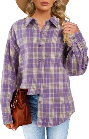 Womens Long Sleeve Plaid Shirts Flannel Collared Button Down Shackets Casual Rolled Up Boyfriend Blouses Tops