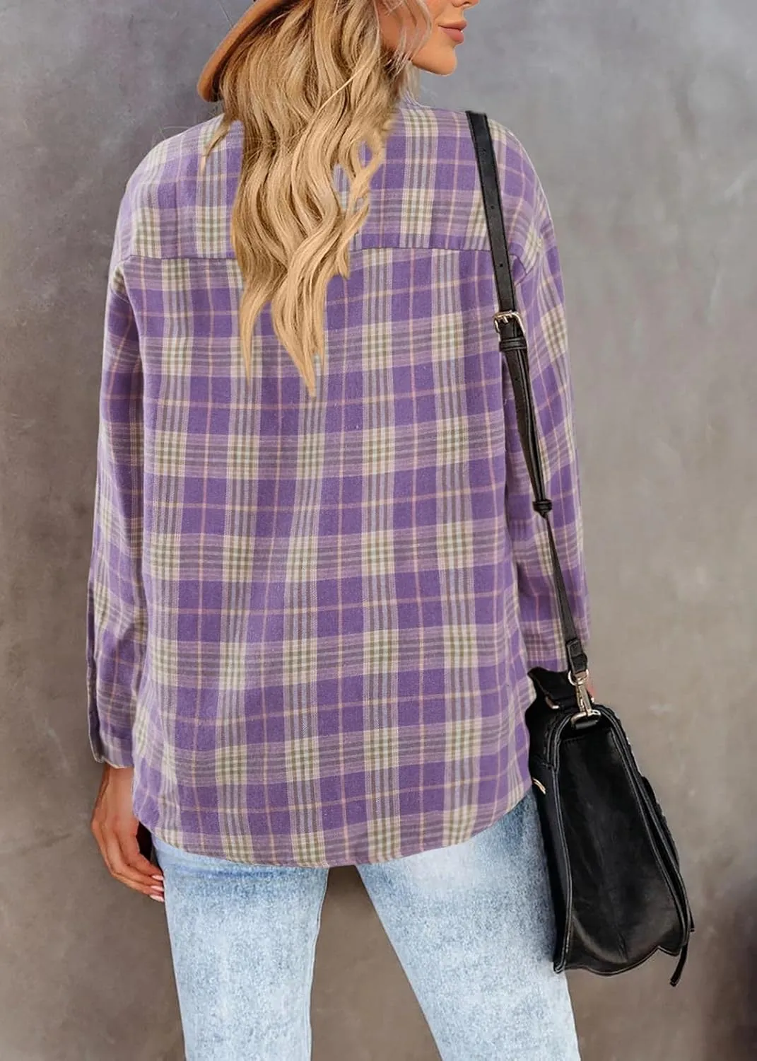 Womens Long Sleeve Plaid Shirts Flannel Collared Button Down Shackets Casual Rolled Up Boyfriend Blouses Tops