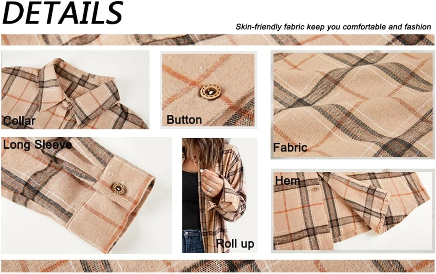 Womens Long Sleeve Plaid Shirts Flannel Collared Button Down Shackets Casual Rolled Up Boyfriend Blouses Tops