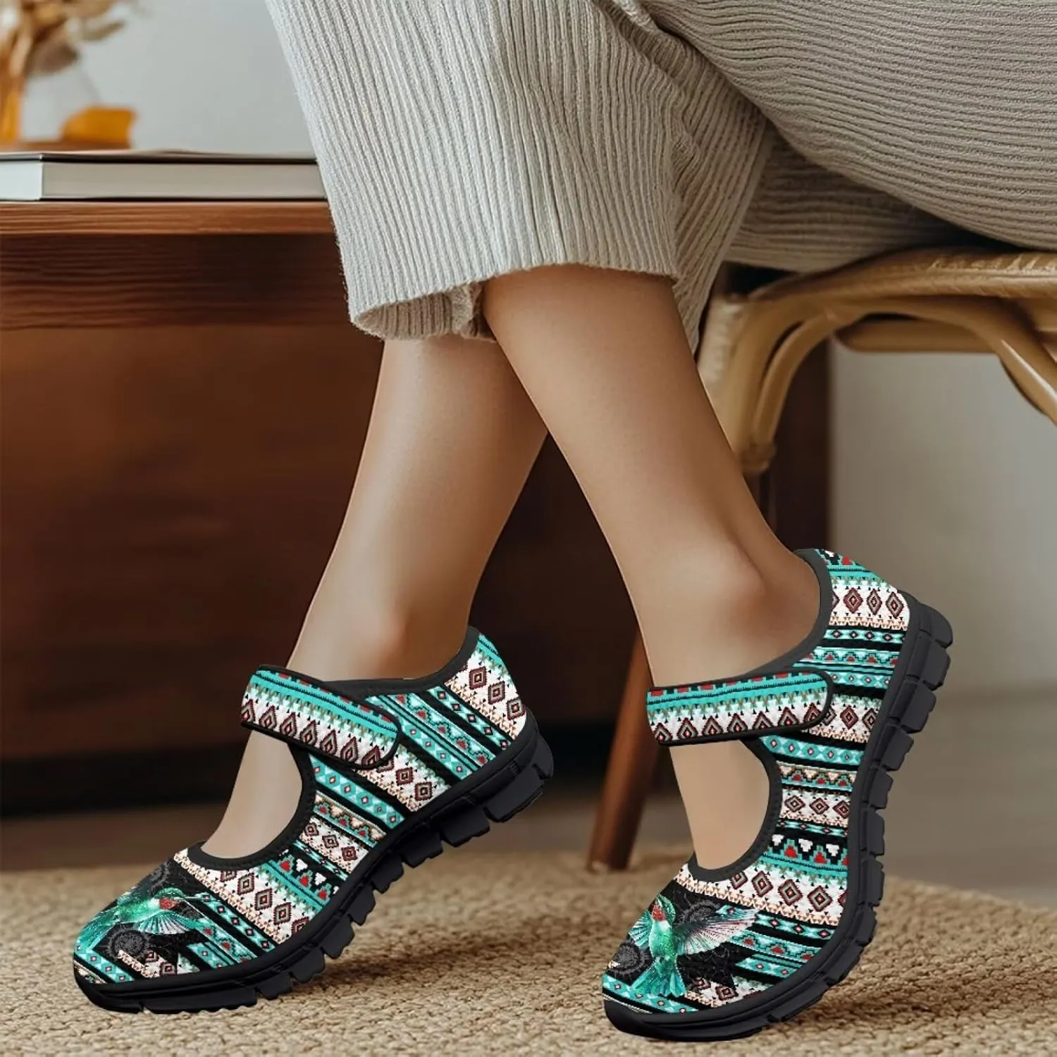 Womens Mary Jane Shoes Aztec Tribal Sneaker Anti-Slip Lightweight Shoes with Magic Sticker for Travel