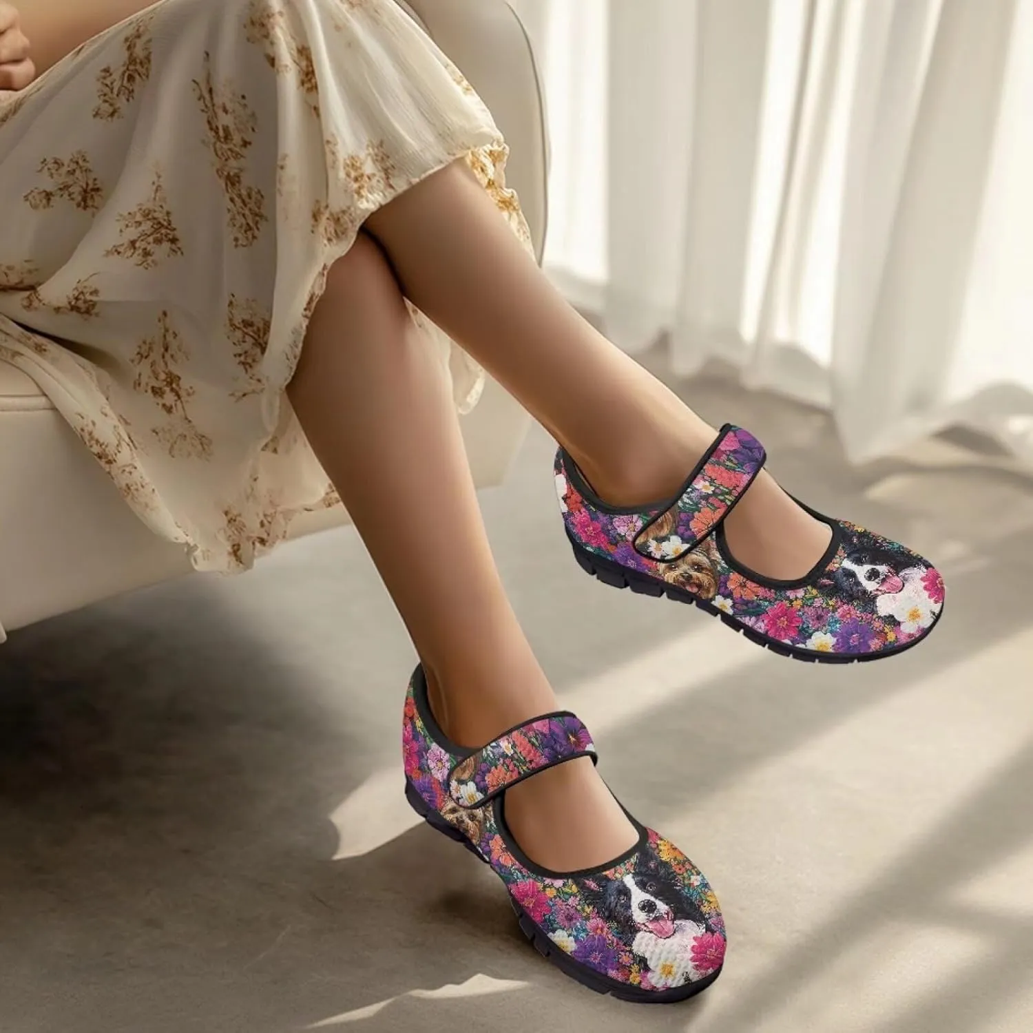 Womens Mary Jane Shoes with Magic Sticker Anti-Slip Lightweight Sneaker,Animal Pattern
