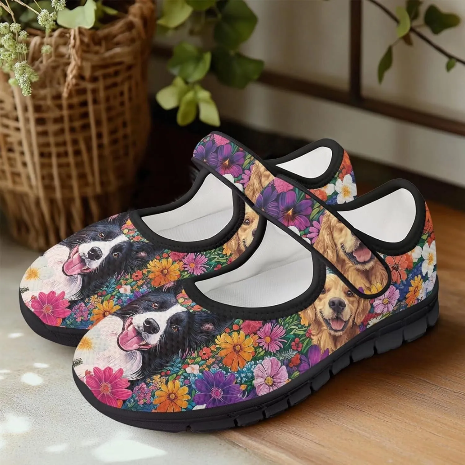 Womens Mary Jane Shoes with Magic Sticker Anti-Slip Lightweight Sneaker,Animal Pattern