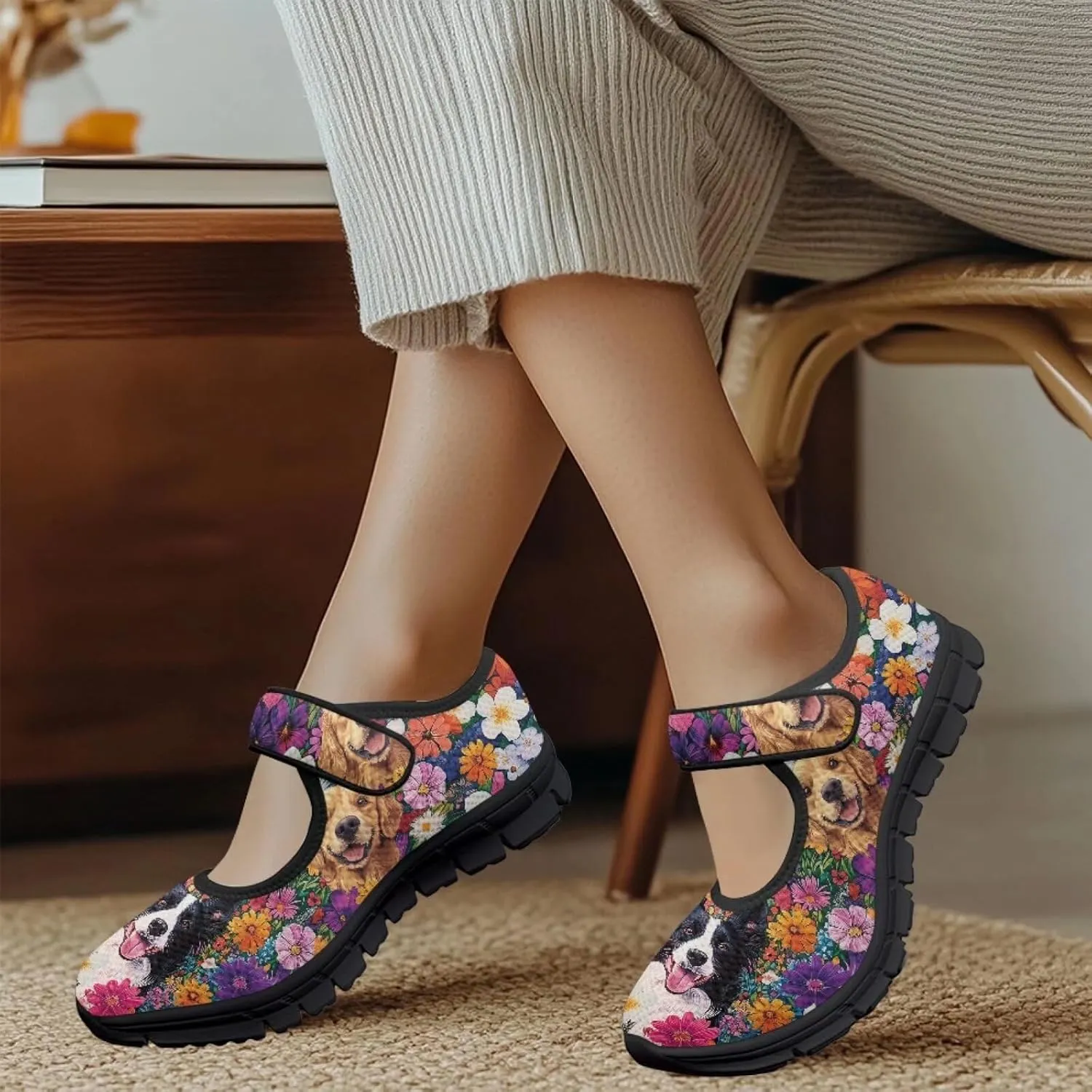 Womens Mary Jane Shoes with Magic Sticker Anti-Slip Lightweight Sneaker,Animal Pattern