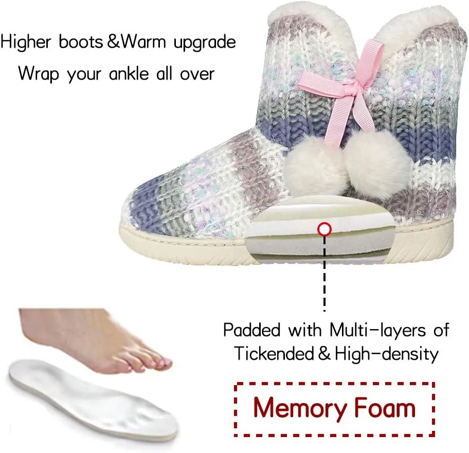 Women's Men's Bootie Slippers Indoor Outdoor Warm House Slippers Memory Foam Fleece Booties Pom Poms Anti-Slip High Top House Booties (Size 4-9.5 US)
