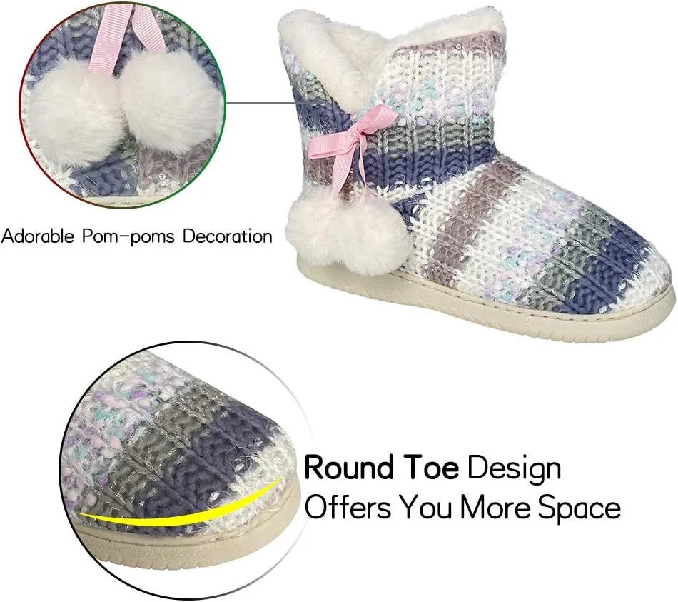 Women's Men's Bootie Slippers Indoor Outdoor Warm House Slippers Memory Foam Fleece Booties Pom Poms Anti-Slip High Top House Booties (Size 4-9.5 US)