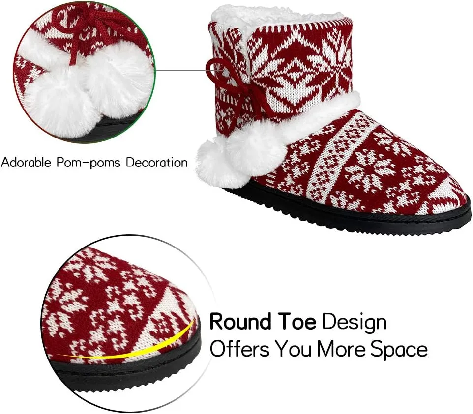 Women's Men's Bootie Slippers Indoor Outdoor Warm House Slippers Memory Foam Fleece Booties Pom Poms Anti-Slip High Top House Booties (Size 4-9.5 US)