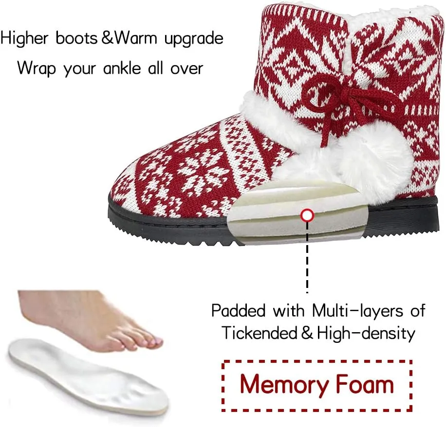 Women's Men's Bootie Slippers Indoor Outdoor Warm House Slippers Memory Foam Fleece Booties Pom Poms Anti-Slip High Top House Booties (Size 4-9.5 US)