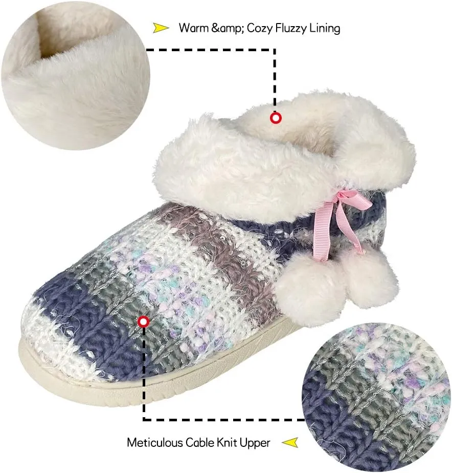 Women's Men's Bootie Slippers Indoor Outdoor Warm House Slippers Memory Foam Fleece Booties Pom Poms Anti-Slip High Top House Booties (Size 4-9.5 US)