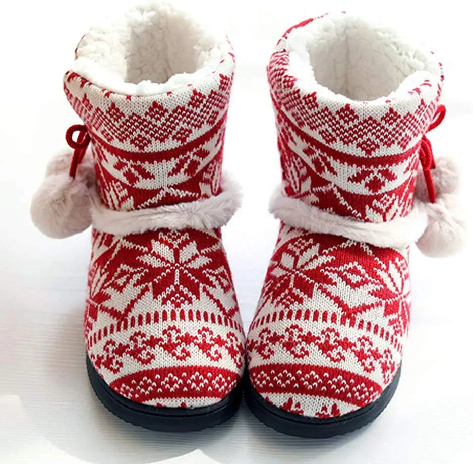 Women's Men's Bootie Slippers Indoor Outdoor Warm House Slippers Memory Foam Fleece Booties Pom Poms Anti-Slip High Top House Booties (Size 4-9.5 US)