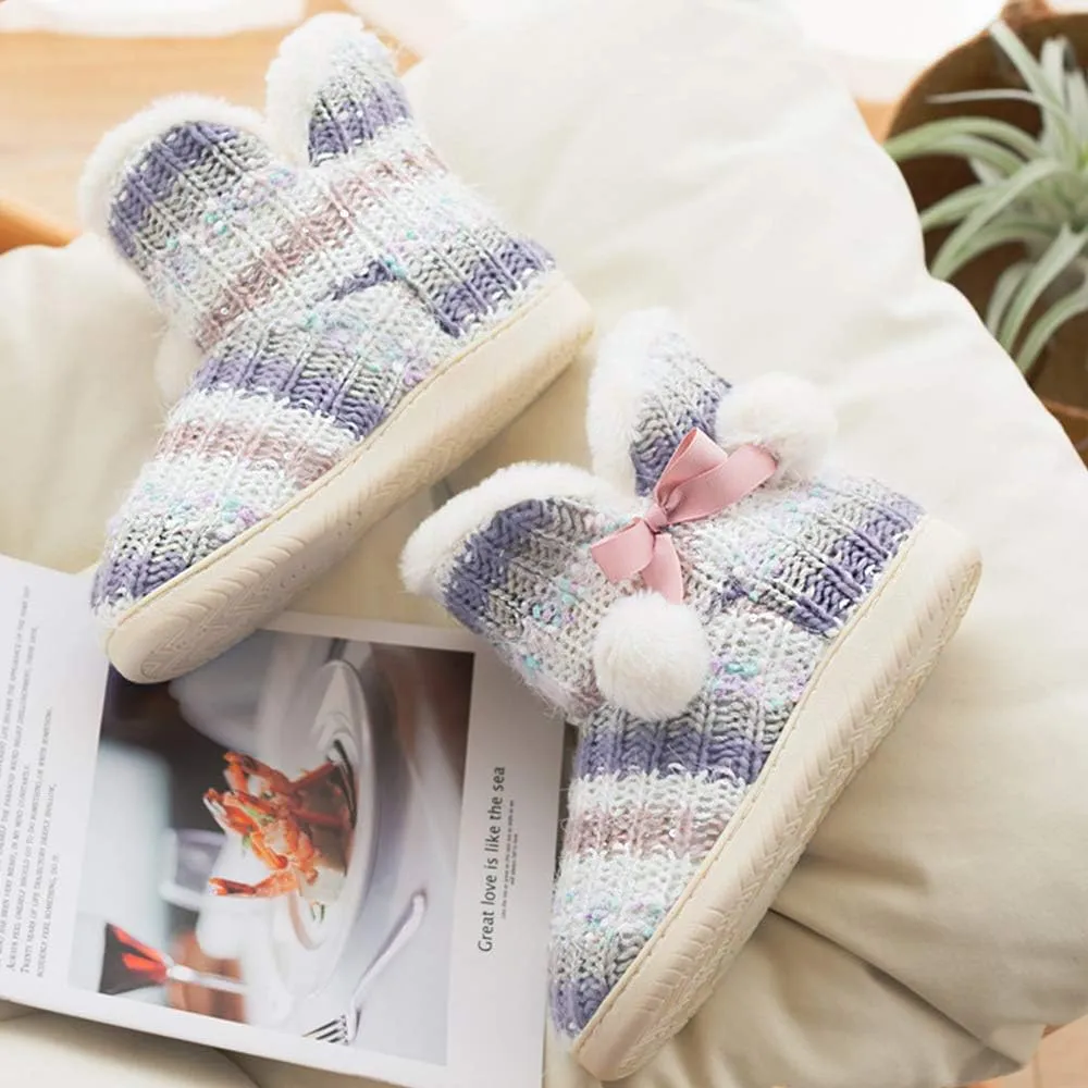 Women's Men's Bootie Slippers Indoor Outdoor Warm House Slippers Memory Foam Fleece Booties Pom Poms Anti-Slip High Top House Booties (Size 4-9.5 US)