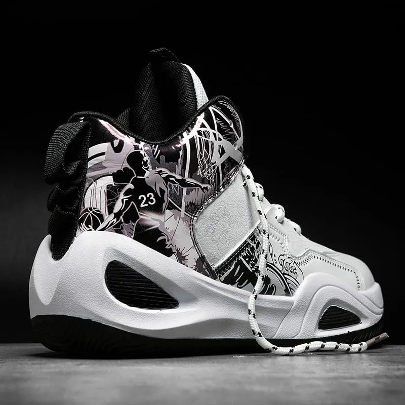 Womens Mens High-Top Basketball Shoes Breathable Lightweight Fashion Graffiti Athletic Sneakers Unisex Non Slip Outdoor Cushioning Training Sport Shoes