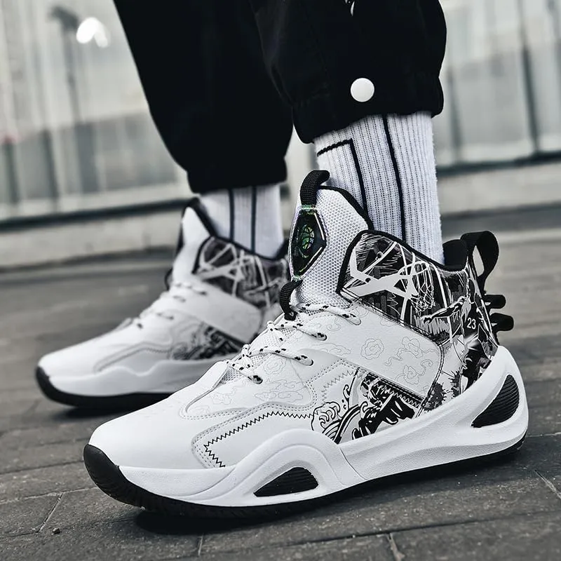 Womens Mens High-Top Basketball Shoes Breathable Lightweight Fashion Graffiti Athletic Sneakers Unisex Non Slip Outdoor Cushioning Training Sport Shoes