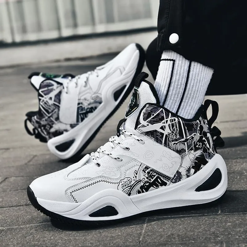 Womens Mens High-Top Basketball Shoes Breathable Lightweight Fashion Graffiti Athletic Sneakers Unisex Non Slip Outdoor Cushioning Training Sport Shoes