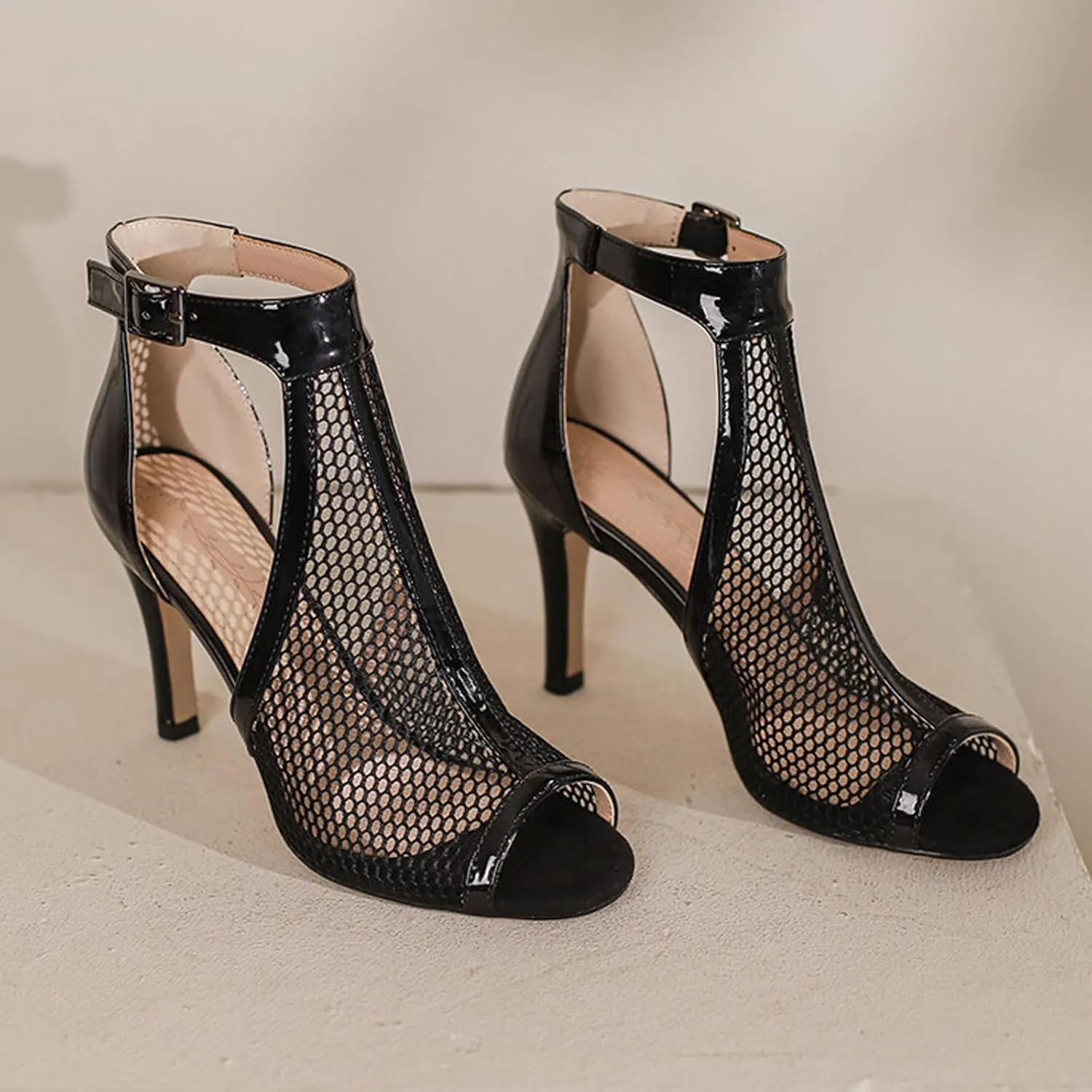 Women's Mesh Fish Mouth Stiletto High Heel Dressy Short Booties Leather Comfortable Sexy Hollow Peep Toe Ankle Buckle High Heel Casual High Top Sandals for Party Dating