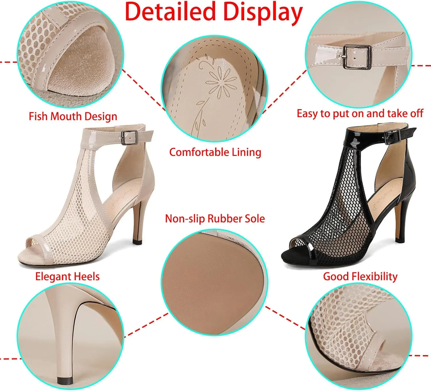 Women's Mesh Fish Mouth Stiletto High Heel Dressy Short Booties Leather Comfortable Sexy Hollow Peep Toe Ankle Buckle High Heel Casual High Top Sandals for Party Dating
