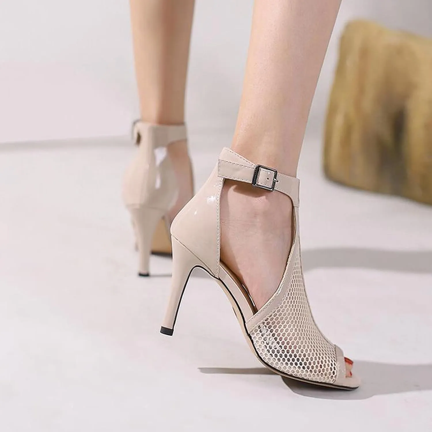 Women's Mesh Fish Mouth Stiletto High Heel Dressy Short Booties Leather Comfortable Sexy Hollow Peep Toe Ankle Buckle High Heel Casual High Top Sandals for Party Dating