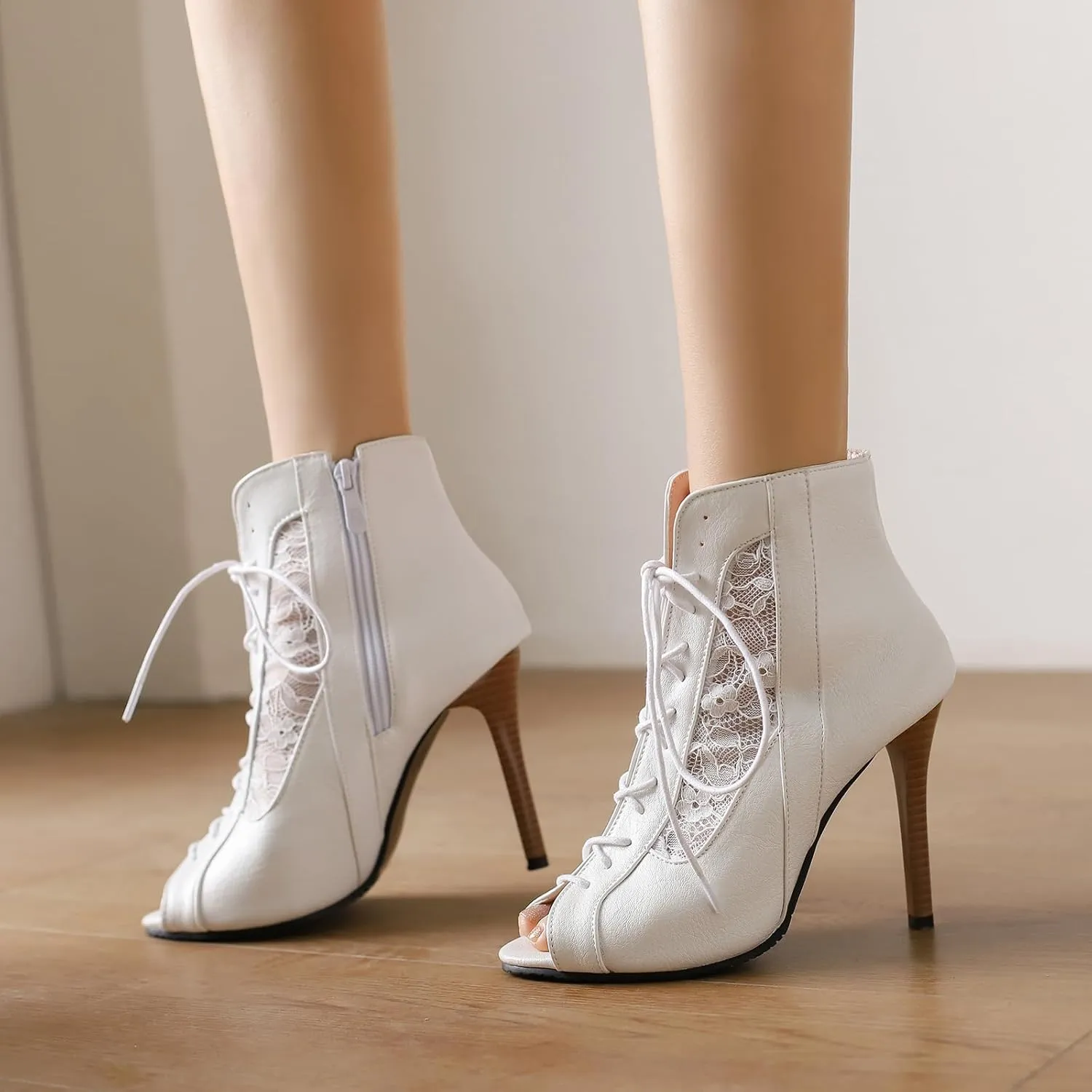 Women's Mesh Sandals Peep Toe High Top Sandals Lace Up Summer Boots Side-zip Party Sexy Pump Shoes Open Toe