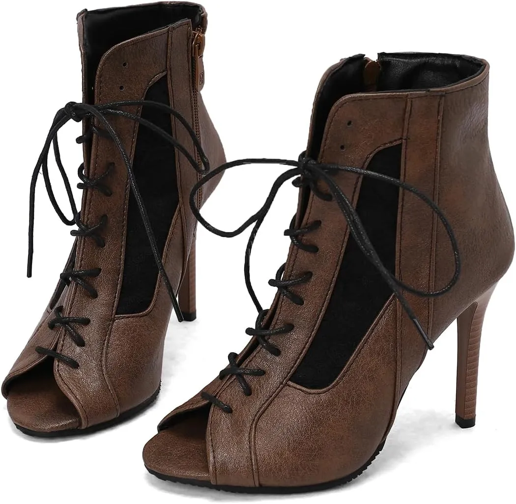 Women's Mesh Sandals Peep Toe High Top Sandals Lace Up Summer Boots Side-zip Party Sexy Pump Shoes Open Toe