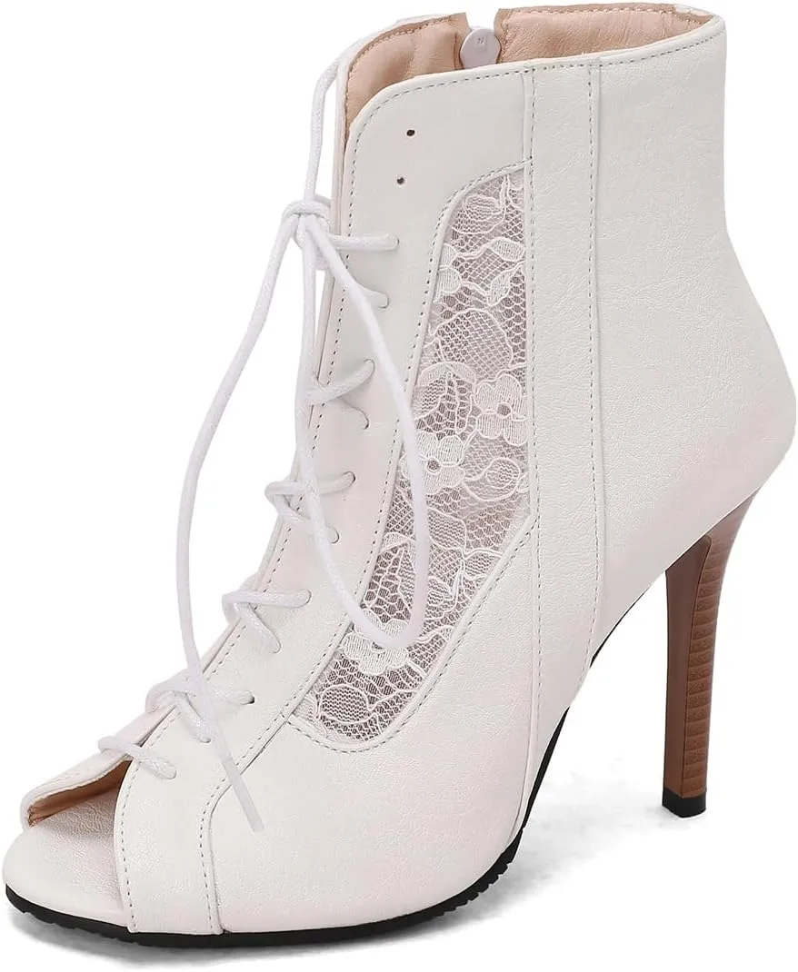 Women's Mesh Sandals Peep Toe High Top Sandals Lace Up Summer Boots Side-zip Party Sexy Pump Shoes Open Toe