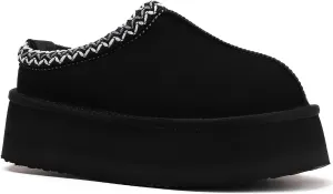 Women's Platform Fuzzy Cozy Slippers Genuine Suede Water Resistant Winter Platform Mini Boots with Memory Foam and Faux Fur Lining Comfy Fuzzy Clogs
