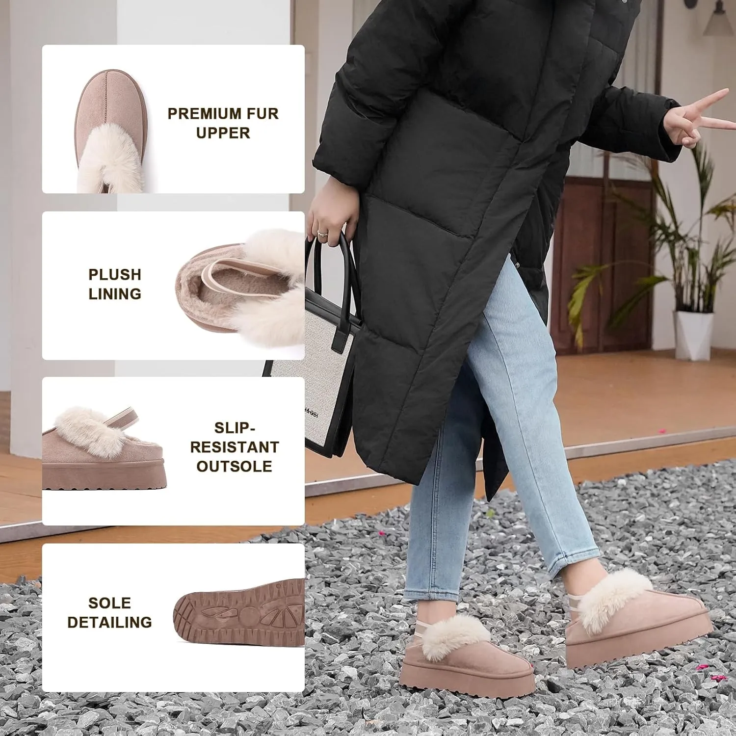 Women's Platform Fuzzy Slippers, Warm Winter Snow Mini Boots with Memory Foam, Fur Fleece Lined House Shoes Indoor and Outdoor