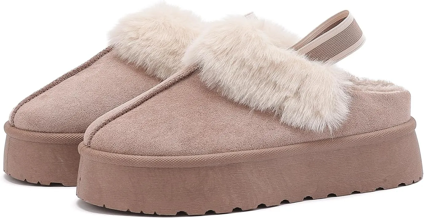 Women's Platform Fuzzy Slippers, Warm Winter Snow Mini Boots with Memory Foam, Fur Fleece Lined House Shoes Indoor and Outdoor
