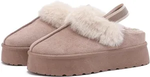 Women's Platform Fuzzy Slippers, Warm Winter Snow Mini Boots with Memory Foam, Fur Fleece Lined House Shoes Indoor and Outdoor