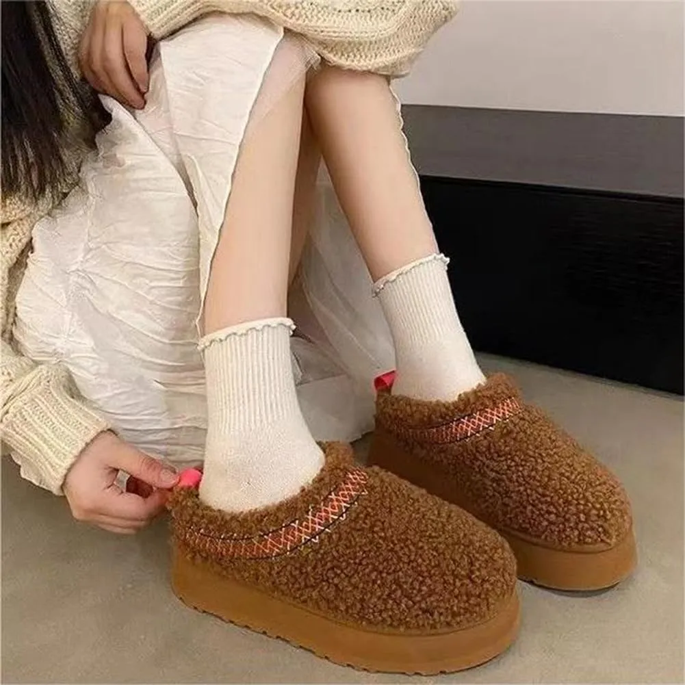 Women's Platform Mini Boots Slippers for Women Warm Fuzzy Slippers Fur Fleece Lined Slip on Suede Short Ankle Boots Outdoor Indoor Braid Slippers Anti Slip Trend