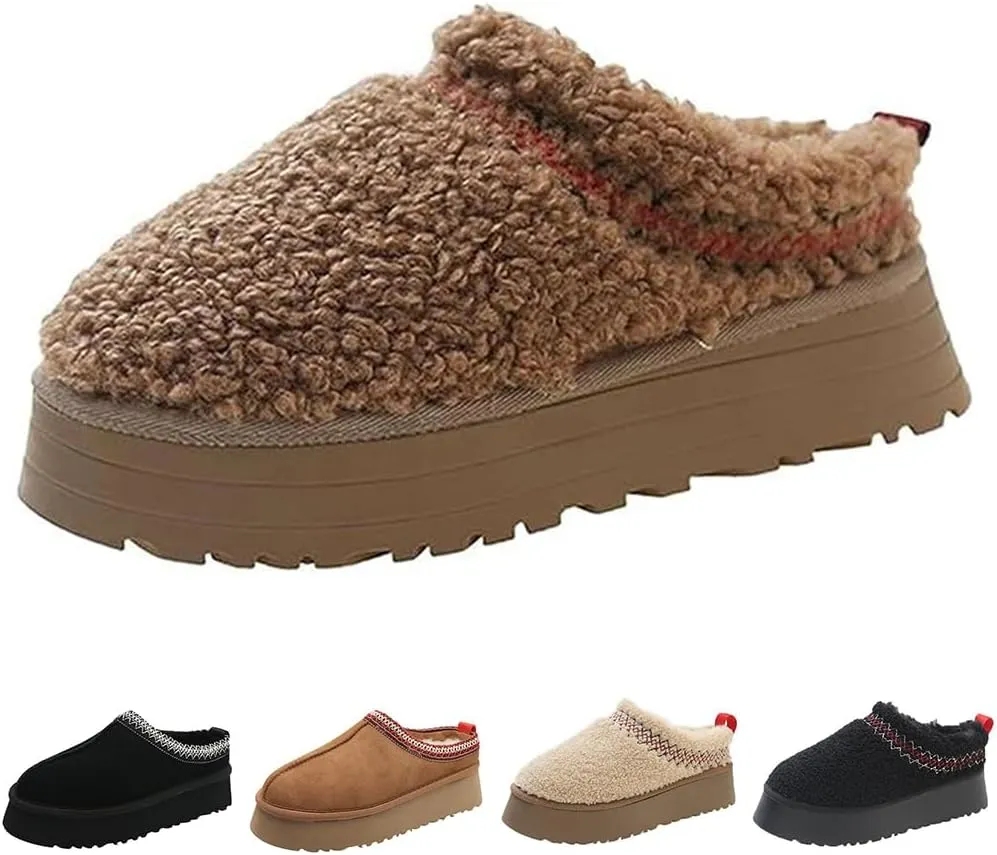 Women's Platform Mini Boots Slippers for Women Warm Fuzzy Slippers Fur Fleece Lined Slip on Suede Short Ankle Boots Outdoor Indoor Braid Slippers Anti Slip Trend