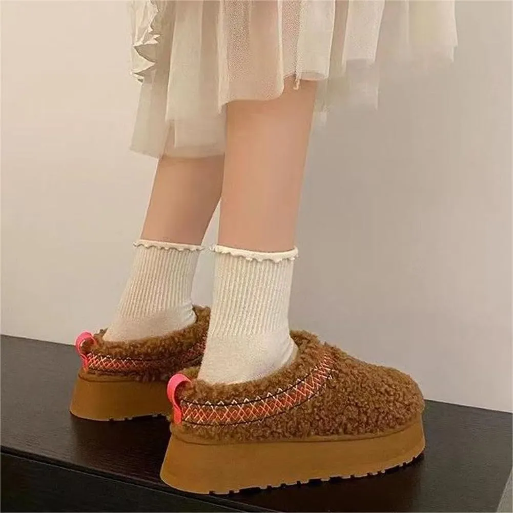 Women's Platform Mini Boots Slippers for Women Warm Fuzzy Slippers Fur Fleece Lined Slip on Suede Short Ankle Boots Outdoor Indoor Braid Slippers Anti Slip Trend