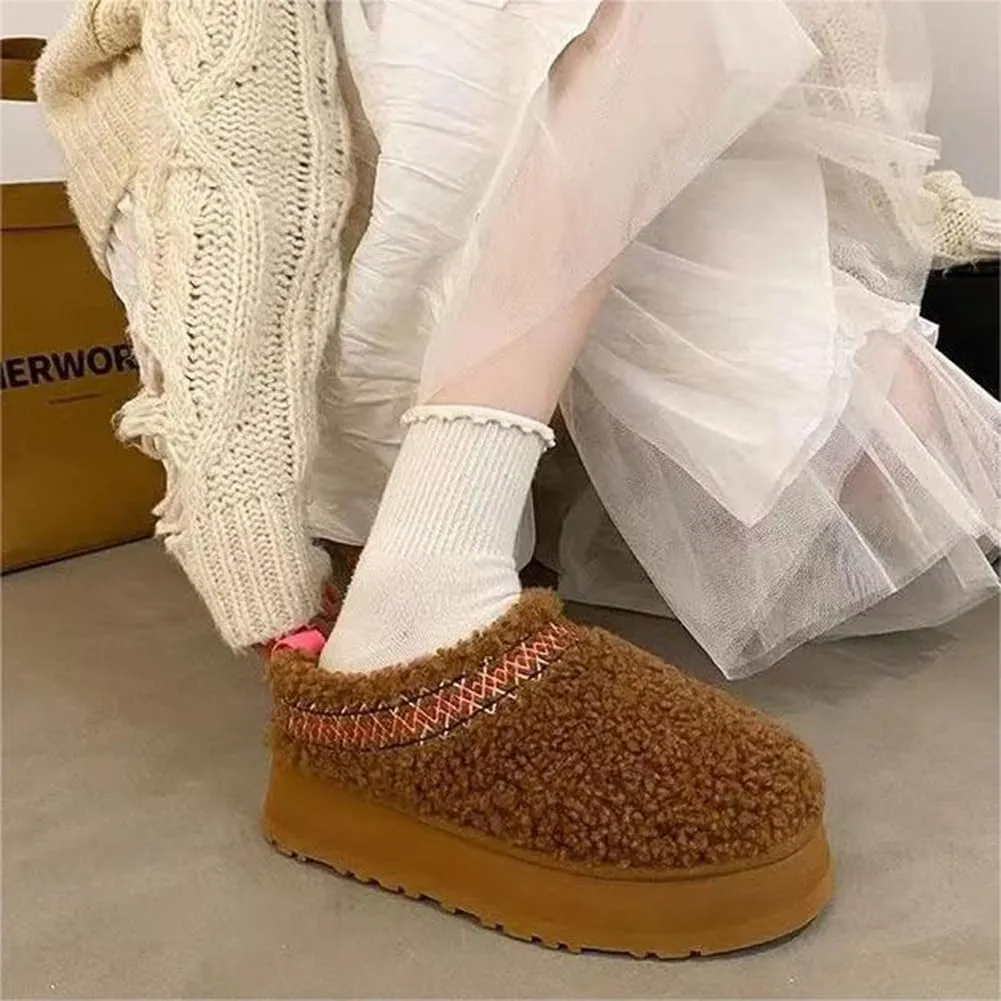 Women's Platform Mini Boots Slippers for Women Warm Fuzzy Slippers Fur Fleece Lined Slip on Suede Short Ankle Boots Outdoor Indoor Braid Slippers Anti Slip Trend