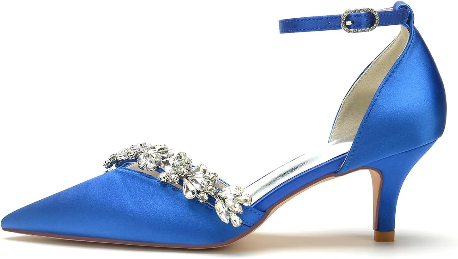 Womens Pointed Toe Ankle Strap Court Shoes Dress Pumps Mid Heel Satin Wedding Shoes for Bridal with Rhinestone
