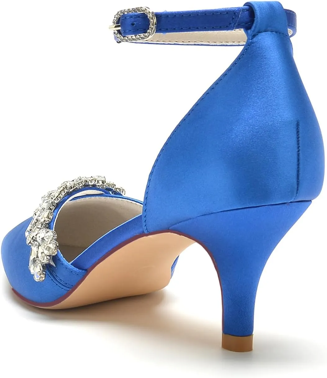 Womens Pointed Toe Ankle Strap Court Shoes Dress Pumps Mid Heel Satin Wedding Shoes for Bridal with Rhinestone