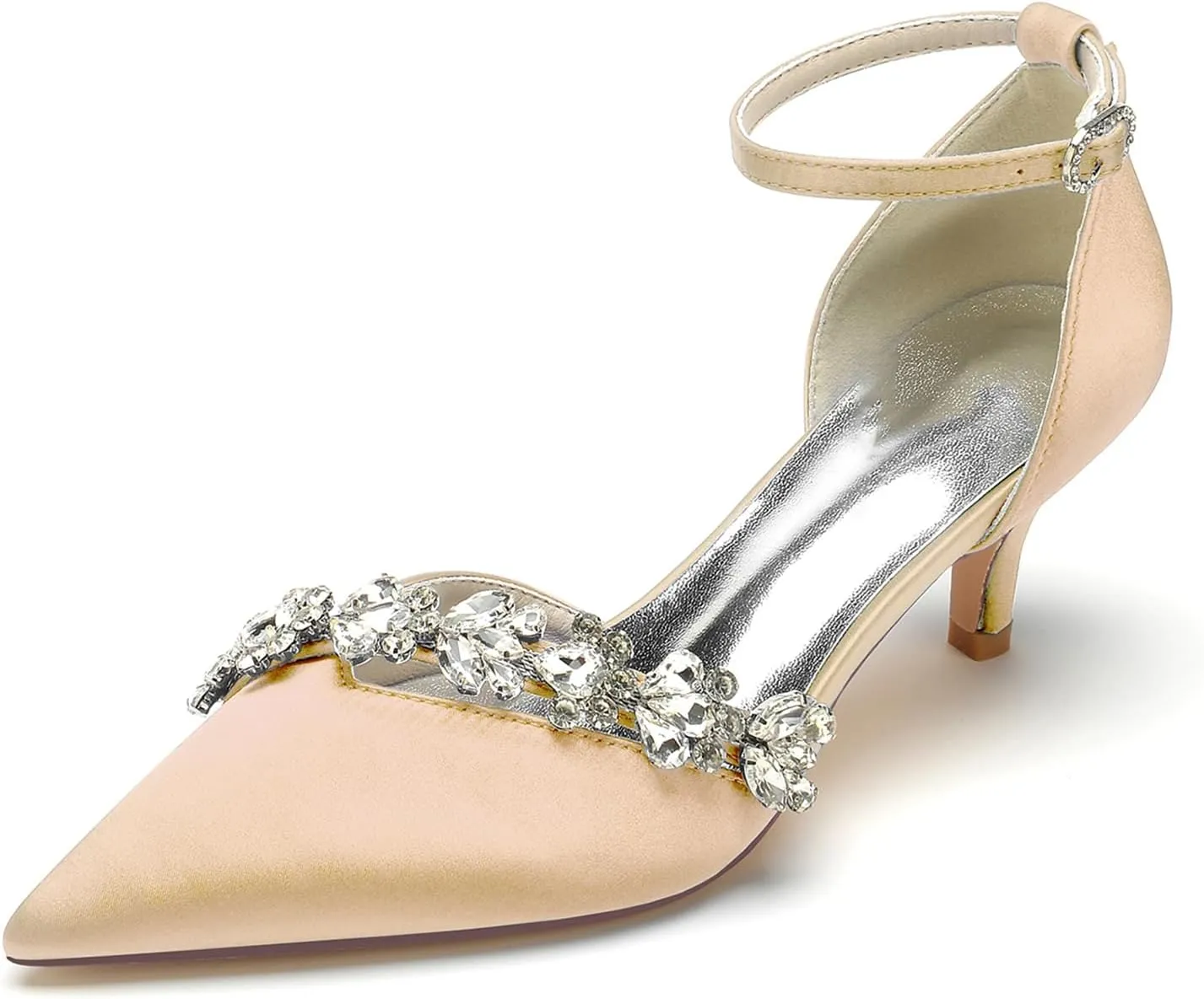 Womens Pointed Toe Ankle Strap Court Shoes Dress Pumps Mid Heel Satin Wedding Shoes for Bridal with Rhinestone