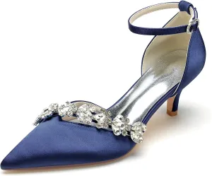 Womens Pointed Toe Ankle Strap Court Shoes Dress Pumps Mid Heel Satin Wedding Shoes for Bridal with Rhinestone