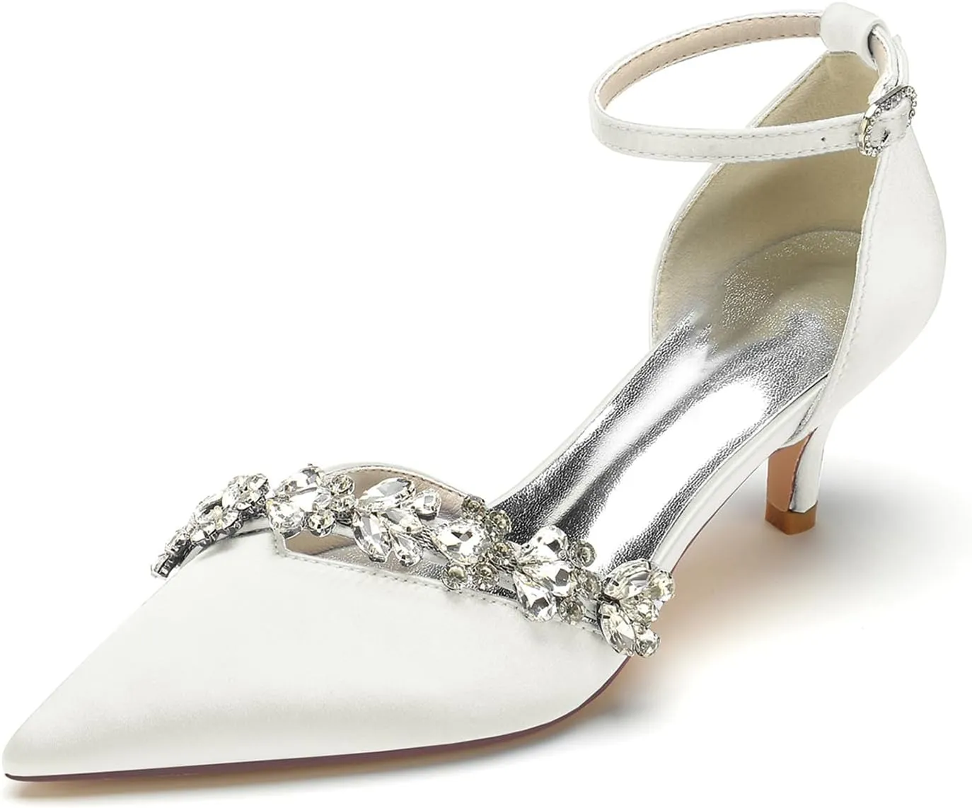 Womens Pointed Toe Ankle Strap Court Shoes Dress Pumps Mid Heel Satin Wedding Shoes for Bridal with Rhinestone