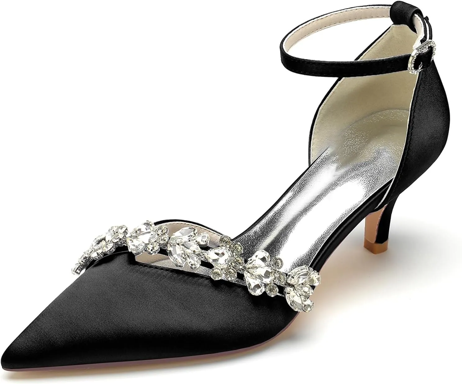 Womens Pointed Toe Ankle Strap Court Shoes Dress Pumps Mid Heel Satin Wedding Shoes for Bridal with Rhinestone