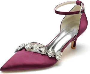 Womens Pointed Toe Ankle Strap Court Shoes Dress Pumps Mid Heel Satin Wedding Shoes for Bridal with Rhinestone