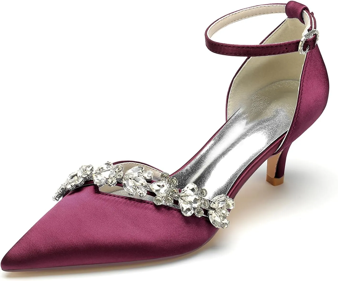 Womens Pointed Toe Ankle Strap Court Shoes Dress Pumps Mid Heel Satin Wedding Shoes for Bridal with Rhinestone
