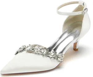 Womens Pointed Toe Ankle Strap Court Shoes Dress Pumps Mid Heel Satin Wedding Shoes for Bridal with Rhinestone
