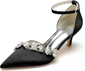 Womens Pointed Toe Ankle Strap Court Shoes Dress Pumps Mid Heel Satin Wedding Shoes for Bridal with Rhinestone