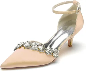 Womens Pointed Toe Ankle Strap Court Shoes Dress Pumps Mid Heel Satin Wedding Shoes for Bridal with Rhinestone