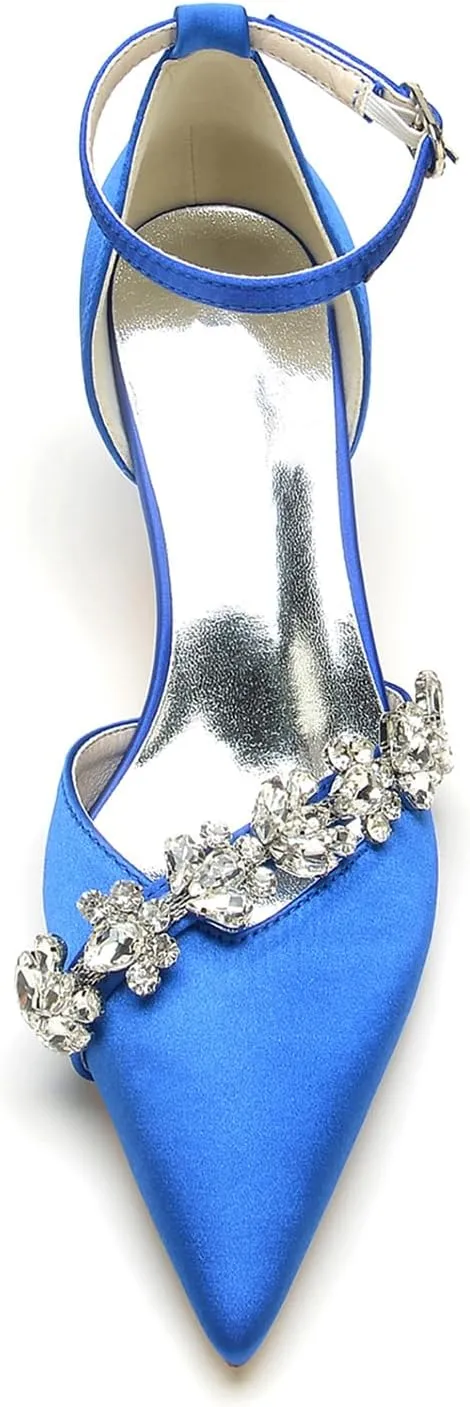Womens Pointed Toe Ankle Strap Court Shoes Dress Pumps Mid Heel Satin Wedding Shoes for Bridal with Rhinestone